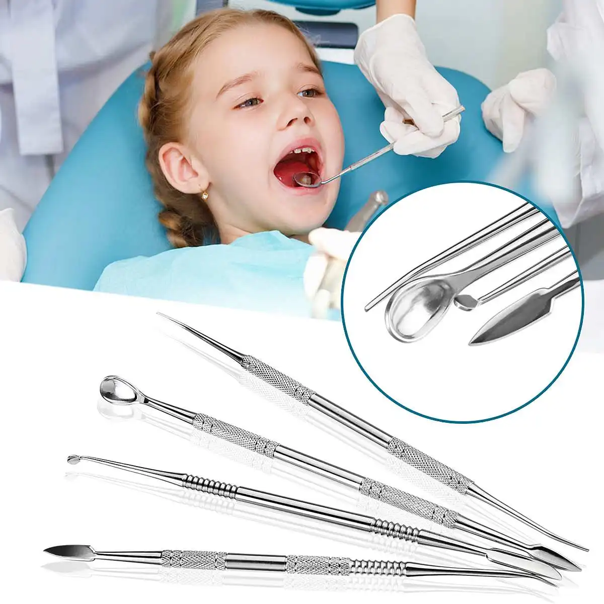 4pcs Mini Dental Mirror Surgical Dental Hygiene Kit Professional Clean Tartar Remover Scraper