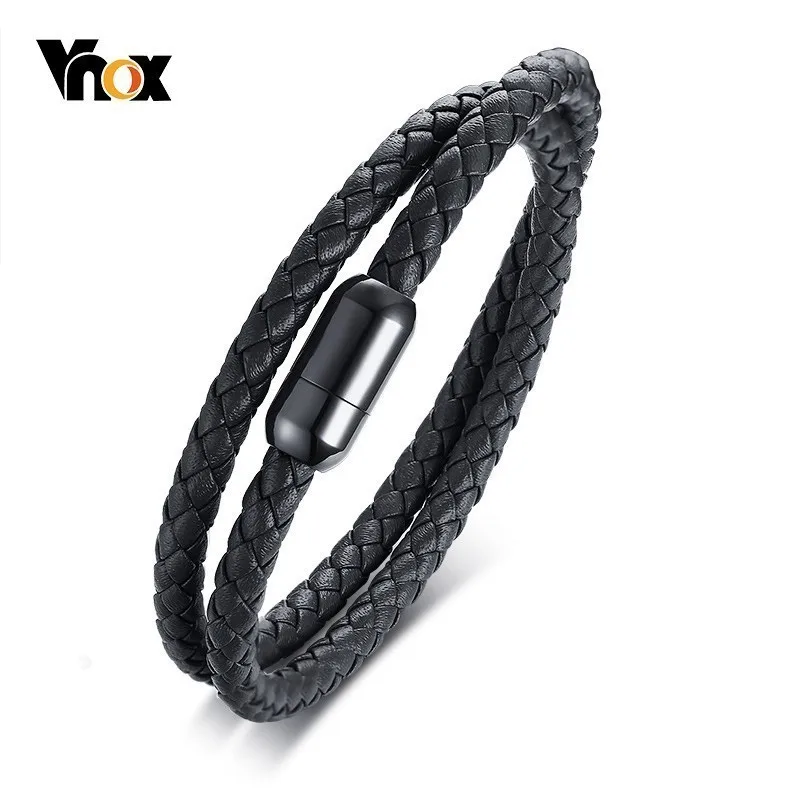 

Vnox Stylish Men's Braided Geunine Leather Bracelets Stainless Steel Magnetic Buckle Wrap Bangles Male Jewelry