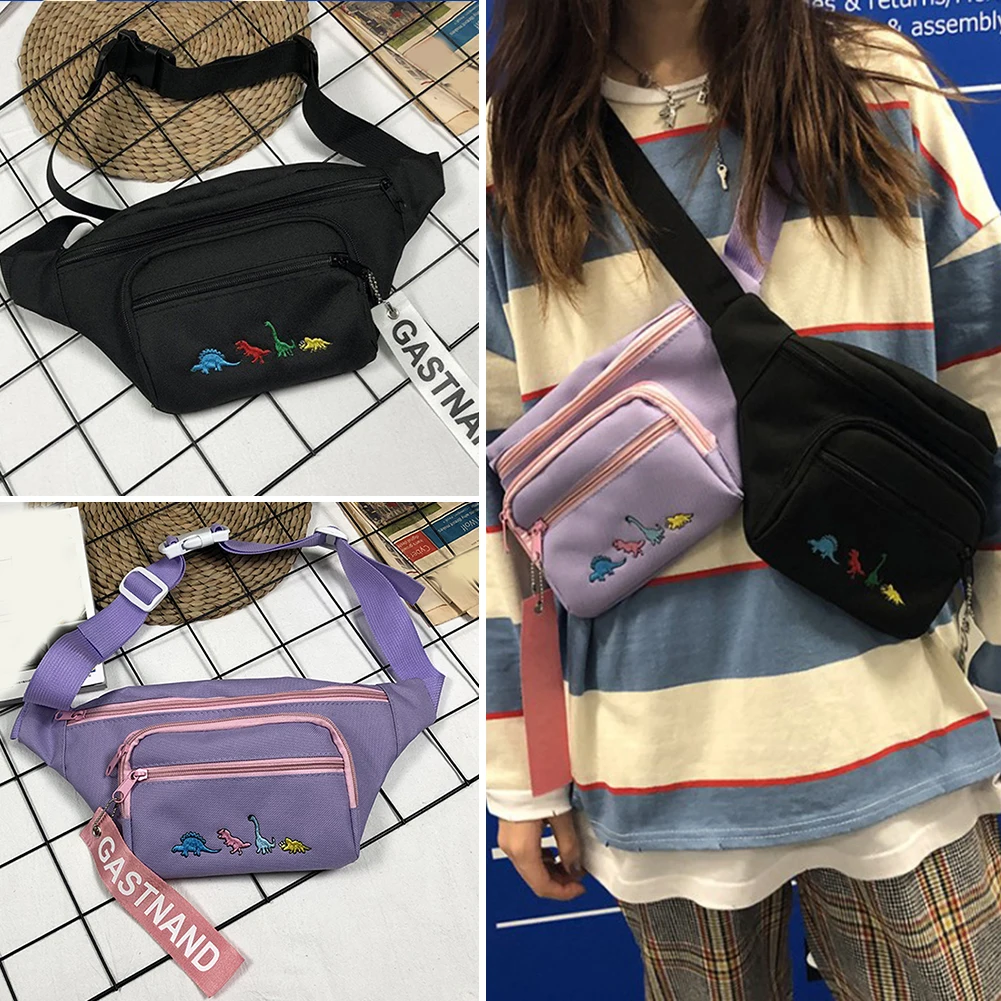الأزياء Canavs المرأة ديناصور التطريز الخصر أكياس مضحك حزم Crossbody الورك هوب الصدر الخصر حزم الهاتف محفظة تربط حول الخصر المال المحافظ