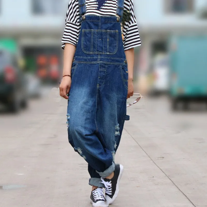 Women Ripped Jean Jumpsuit Hole Casual Wide Leg Denim