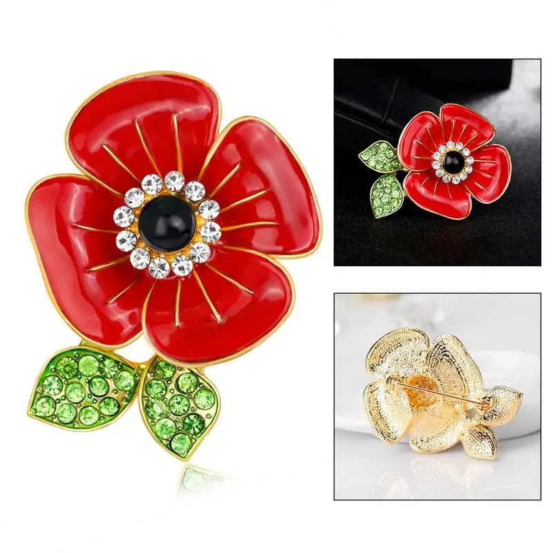 

2019 Vintage Style Fashion Red Poppies Brooch Women Rhinestone Mounted Commemorative Brooch Memorial Clothing Accessories