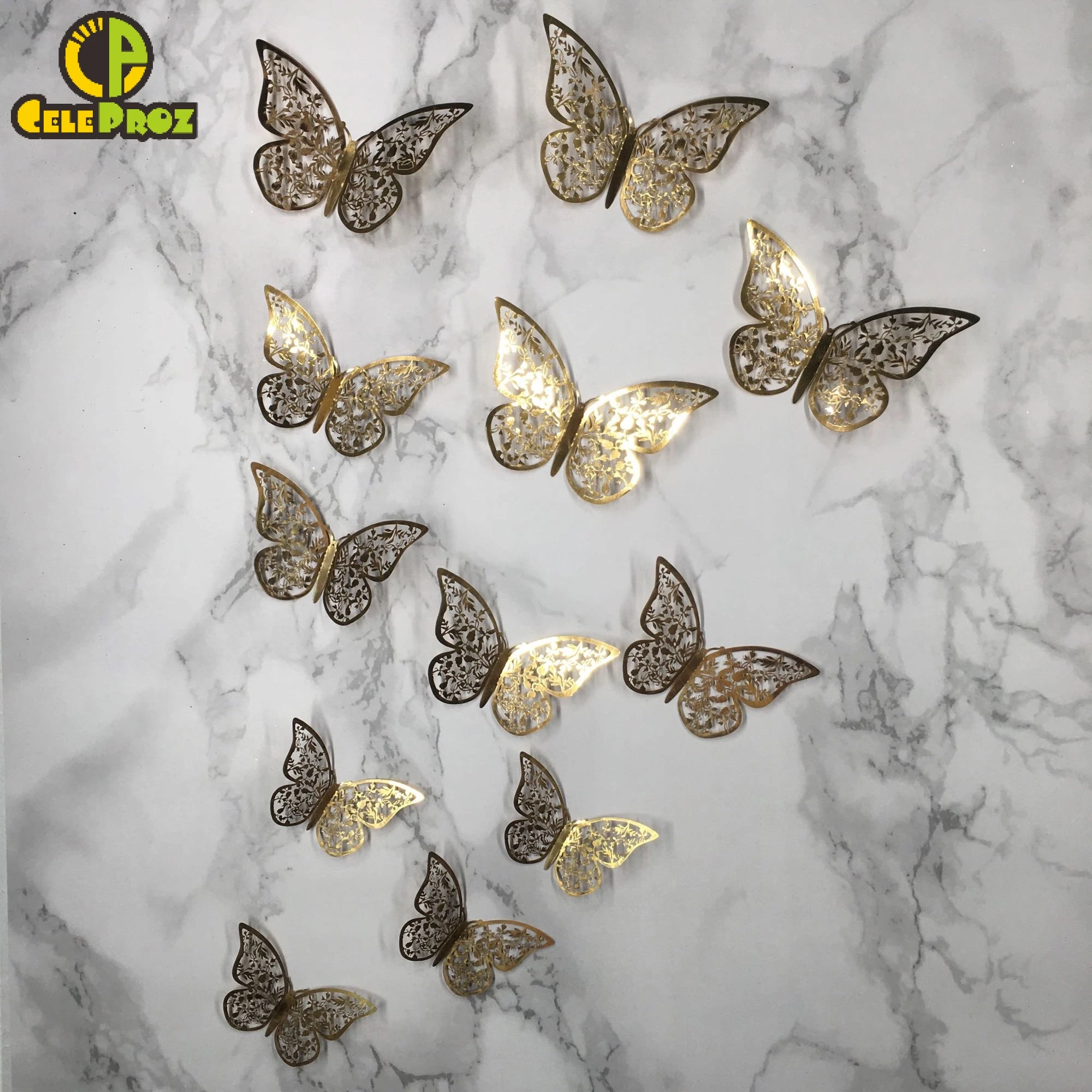 

12Pcs Wall Stickers Butterfly Stickers Embossed Paper Sticker 3Sizes Mixed Golden Silver Fridge Sticker Home Decoration Supplies