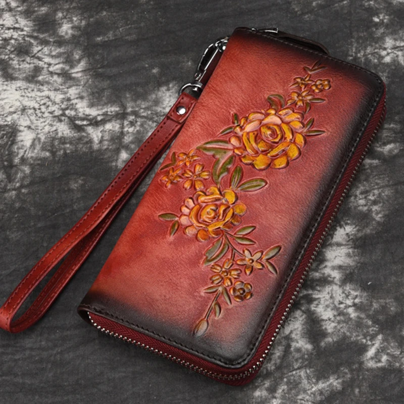 

High Quality Real Cowhide Women Long Wallet Money Handy Cards Bag Embossed Famale Zipper Genuine Leather Clutch Wrist Purse New