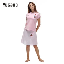 Yusano Nightdress Set Women Cotton Short Sleeve Embroidery Light Blue Pink Sleepwear Casual O-Neck Pocket Top+Shirt Unicorn
