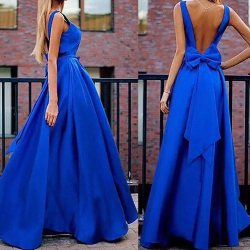 

Women Dress V Neck Blue A Line Dress Formal Evening Party Gowns Bowknot