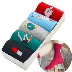 Средний палец Для женщин носки 5 пар/уп. Мода Harajuku забавная хлопчатобумажная женские носки с подарочной коробке
