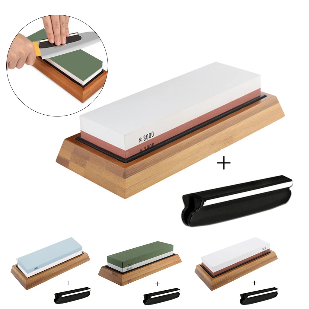

Professional Kitchen Knife Sharpener Stone Double Side Whetstone Sharpening With Non-Slip Bamboo Base and Free Angle Guide