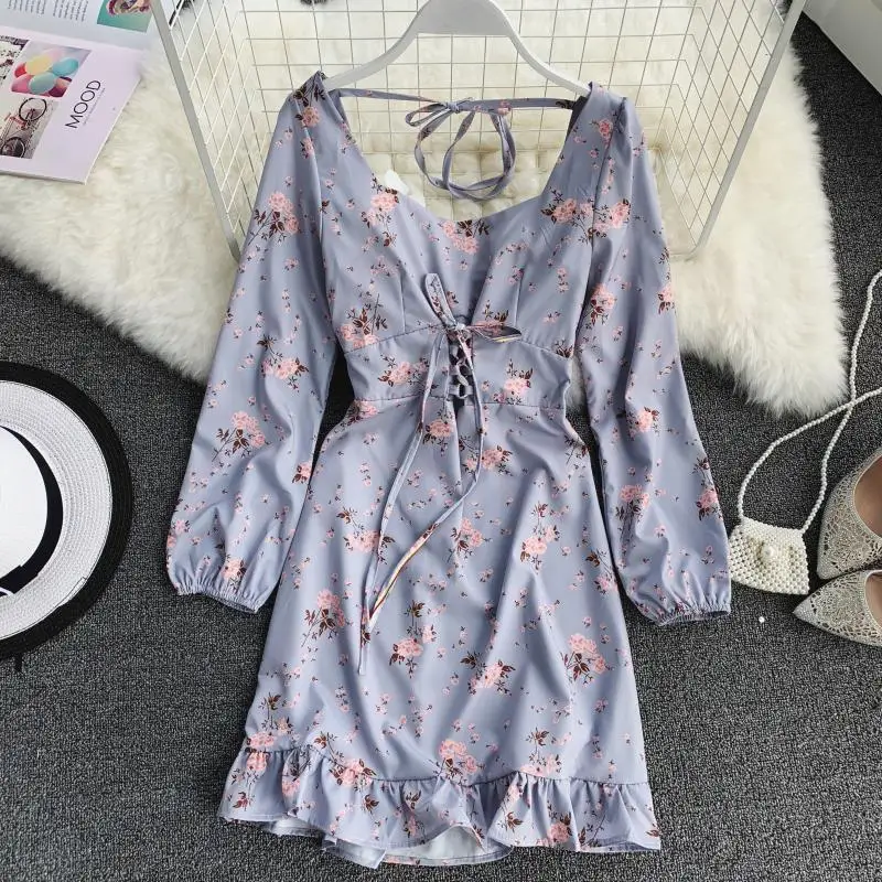 Sweet Girl Romantic Flower Print Purple Dress Long Puff Sleeves Korean ...