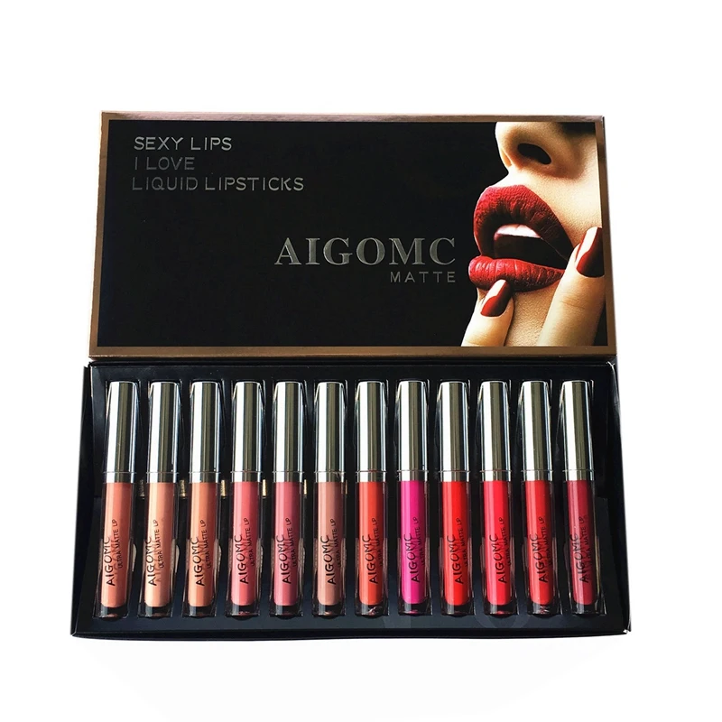 

Aigomc Matte Lips Makeup Kit Non-stick Long Lasting 12pcs Liquid Matte Lipstick Sets Women Pigment Makeup