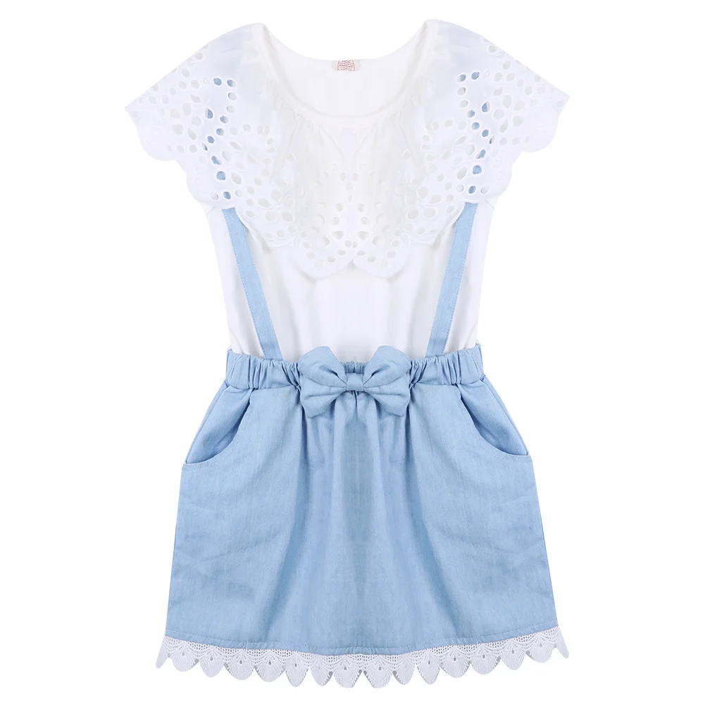

2019 Fashion Bow Toddler Girls Outfits Baby Kids Clothes 2PCS T-shirt Tops+Denim Skirt Dress Sets 2-7Y
