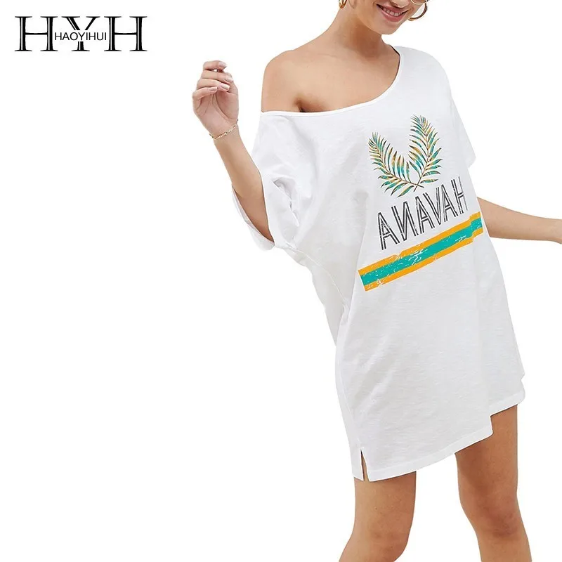 

HYH Haoyihui Sexy Print Tshirt Large Collar Tops Shoulder-bare Back Long T-shirt Femme Plus Size Cartoon Freeshipping Women Tees