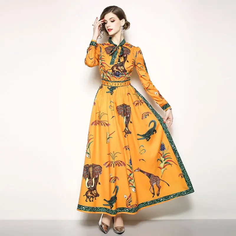 

Women Maxi Dresses Casual Vintage Sweet Travel Party Elegant Orange Bow Collar Animal Floral Print Bowknot Female Fashion Dress