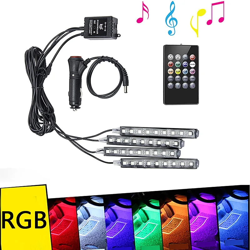 

4pcs 9LED Car LED Strip Light,Multicolor Auto Interior Lights Waterproof Kit with Sound Active Function Wireless Remote Control
