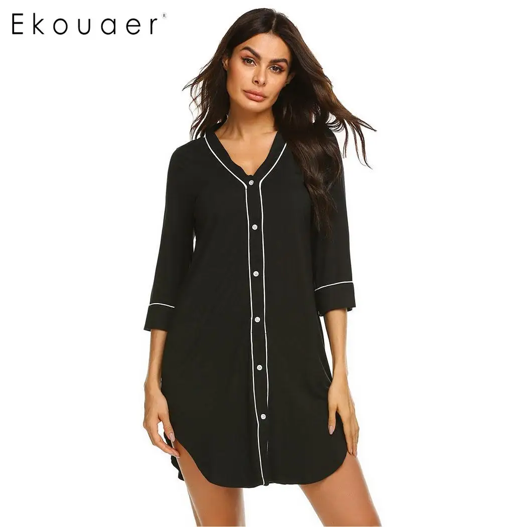 Ekouaer, женская повседневная одежда для сна, летнее платье, одежда для сна, однотонное, v-образный вырез, кнопка, свободное, ночное платье, Женская сорочка, ночная рубашка