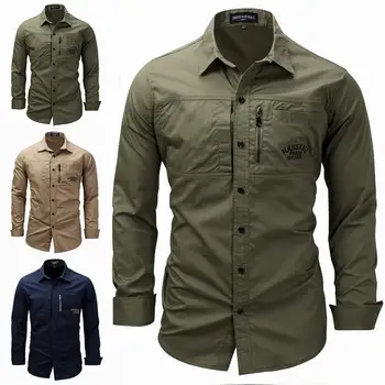 

2019 Fashion 100% Cotton Dress Shirts Military Outdoor Leisure Shirt Autumn Winter Men's Dress Social Shirts Cool Warm Men