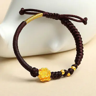 

999 Pure 24K Yellow Gold 3D Lotus Flower with Bead Brown Knitted Bracelet 16cm Length