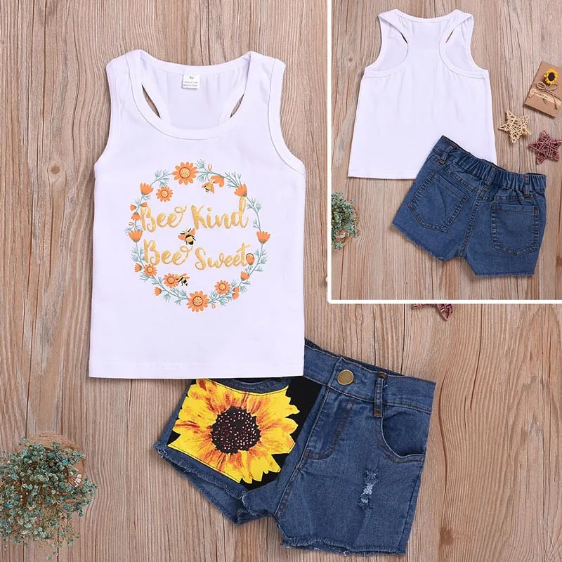 Fashion Toddler Kids Girl Summer Clothes Sleeveless Floral Vest Tops+Sunflower Ripped Denim Shorts Jean 2PCS Outfit Set