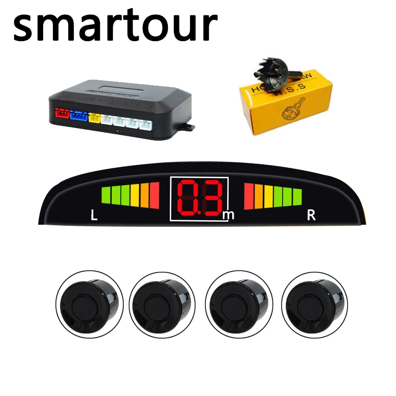 Smartour 22mm Car Parking Sensor Kit Monitor Reverse Backup Radar Sound Alert Indicator Probe System 12V Black White Silver 