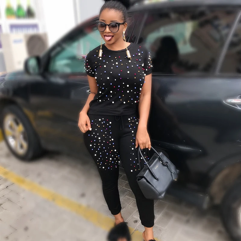 

2 TWO PIECE SET Colorful Pearl Beading Tracksuit Outfit Short Sleeve T Shirt Pullover Long Pants Women Leisure Suits Streetwear