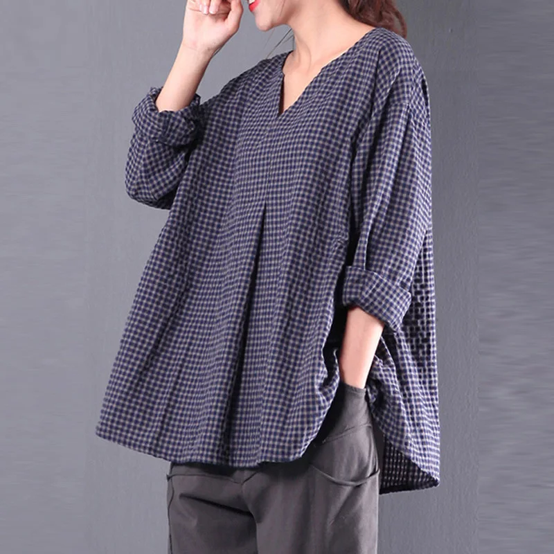 

Boho Women blouse Plus Size Plaid Check Baggy Pullover Top holiday beach wear ladies Shirt Tunic Cotton Blouse