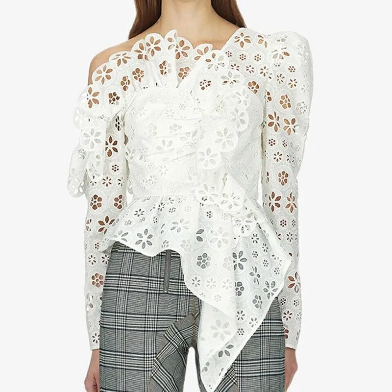 Women Long Sleeve Sexy Off Shoulder Lace Shirts Hollow Out Asymmetrical Tops Fashion Solid Blouse