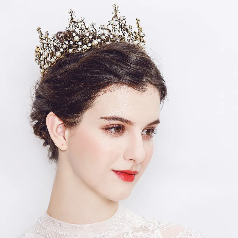 

European Retro Whole Circle Round Bridal Crown Fashion Rhinestone Pearl Baroque Crown Classic Wedding Bride Hair Jewelry