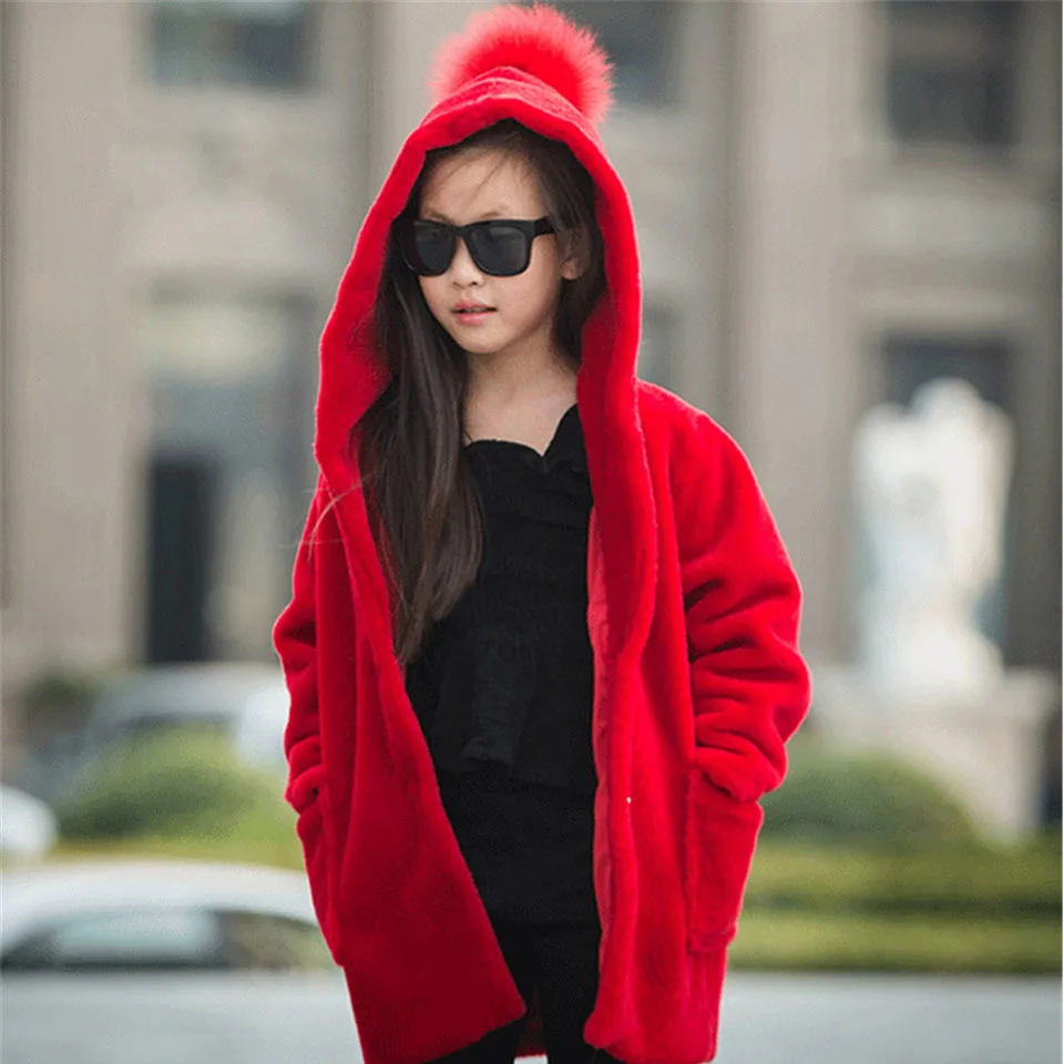 

Children Real Sheepskin Fur Coat Winter Warm Christmas Long Clothing with Hooded Kids Fashion Solid Outerwear Sheep Fur Jacket