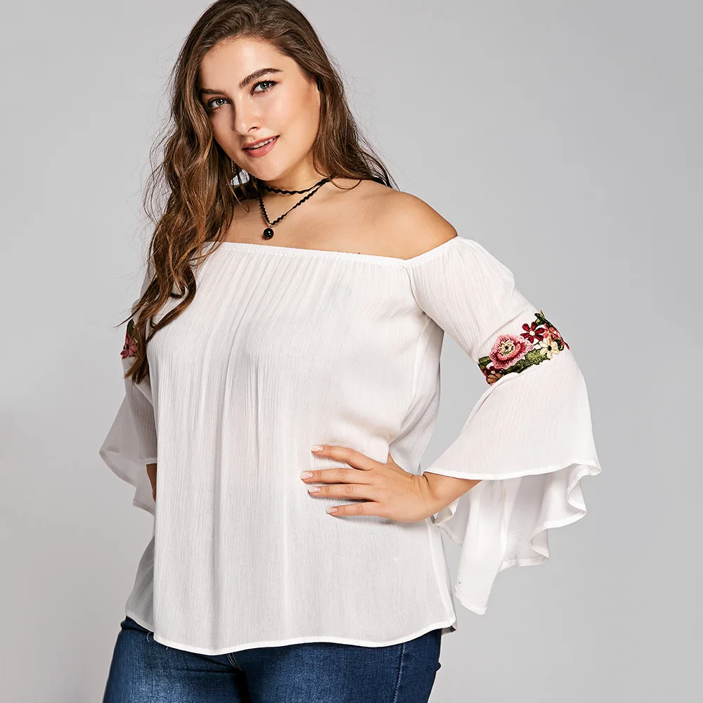 ROSEGAL, женские футболки размера плюс, 5XL, вышивка колокольчиком, длинный рукав, топ с открытыми плечами, Цветочные Топы, сексуальные, Praty, женская одежда