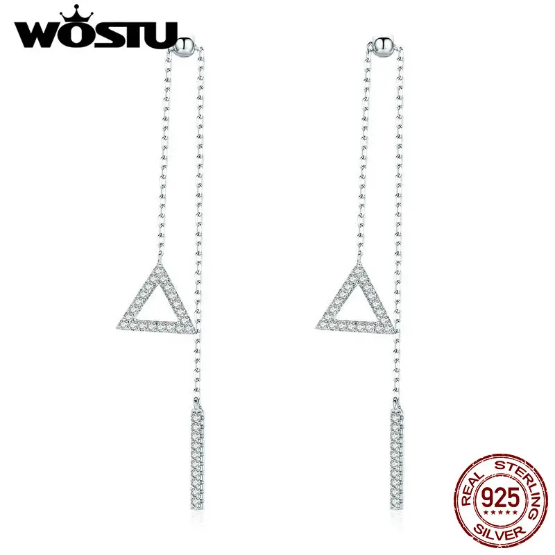 

WOSTU 925 Sterling Silver Geometry Triangle Long Line Earrings For Women Zircon Drop Earrings Wedding Minimalist Jewelry CTE051