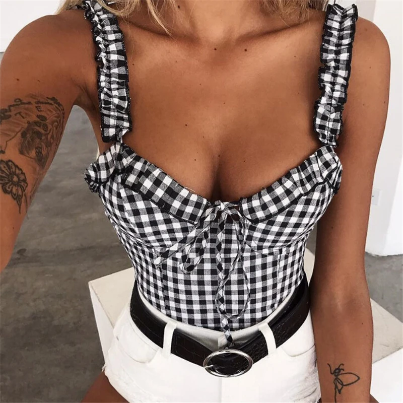 

Ladies Blouses Fashion Women Crop Top Ladies Sleeveless Tops Plaid Ruffle Blouse Womens Tops And Blouses New Sexy Female Shirts