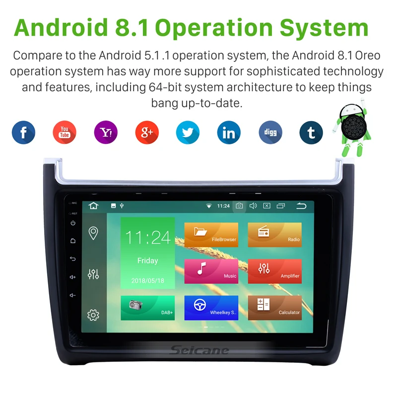 Sale Seicane GPS Navigation Car Radio For 2012 2013 2014 2015 VW Volkswagen POLO Android 8.1/8.0 9"Touchscreen Multimedia Player 1
