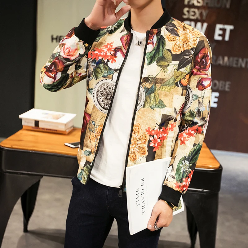 Hip Hop Jacket Men Slim Fit Flowers Pilot Bomber Jacket Men's Stand Collar Coats Male Clothing Streetwear Jacket Chaqueta Hombre