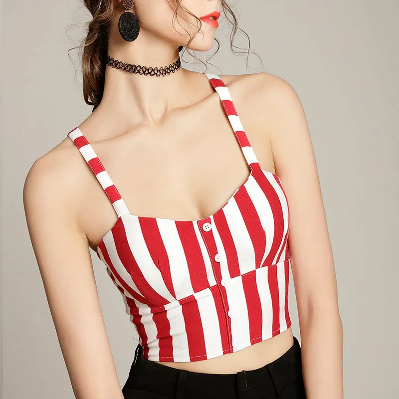 

Red Stripe Sexy Crop Tops Women Spaghetti Tank Stretch 2019 Vest Button Summer Beach Party Backless New Stylish StrappyTank Tops