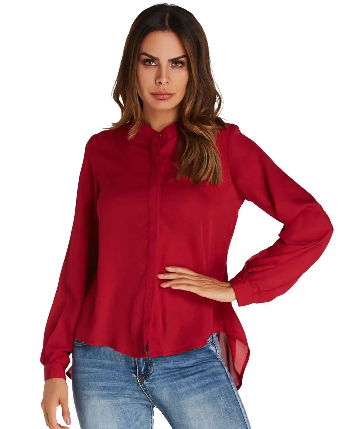 Plus Size Casual Loose Blouse Shirts Women 2019 ZANZEA Spring Autumn Solid Sexy Stand Collar Long Sleeve Irregular Tops Shirts