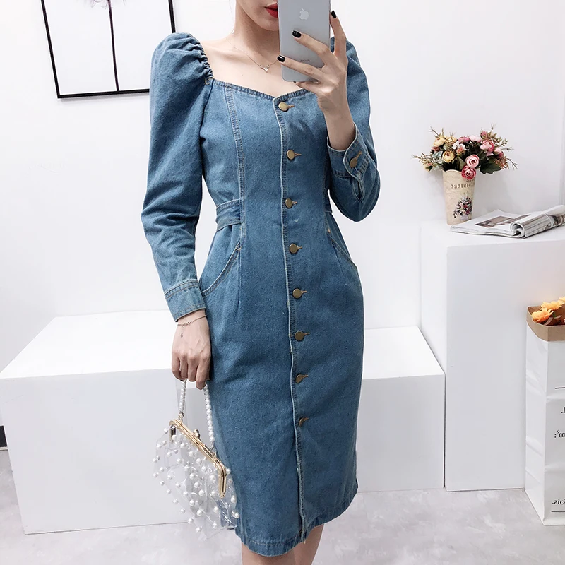 

Spring fashion Split sexy denim dress Summer package hip puff sleeve single-breasted women slim U neck jeans dress A9244