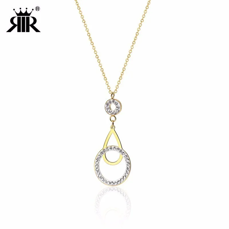 RIR Stainless Steel Golden Water Drop Round Small Crystal Necklace Simple Temperament Ladies Wedding Bridesmaid Necklaces | Украшения и