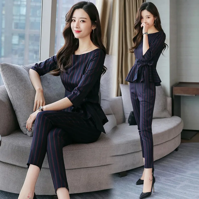 

2019 New Business Pant Suits High Quality Formal Women Ol Elegant Striped 2 Piece Sets Casual Uniform Blouse Set