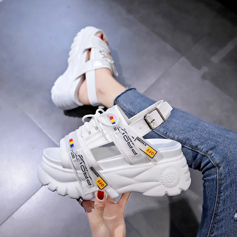 2019 Summer Chunky Sandals Women 8CM Wedge High Heels Shoes Female Buckle Platform Leather Casual Slippers Woman Sneakers Sandal