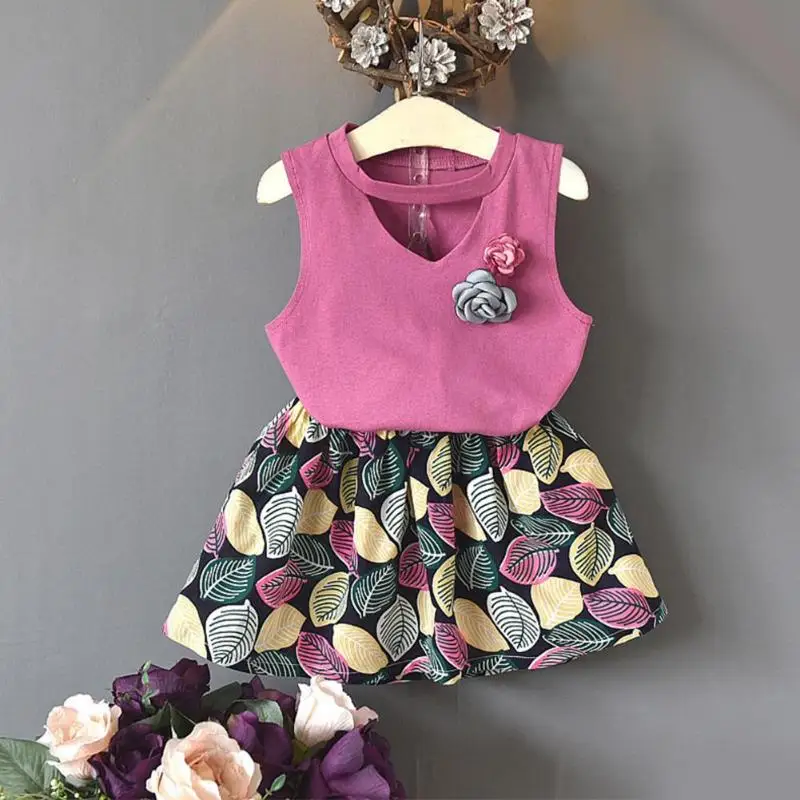 

2pcs Girls Sleeveless T-Shirt Tops Printed Dress Kids Summer Outfits Set