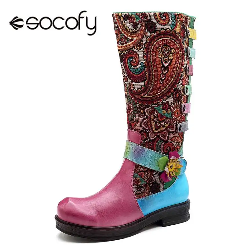 mollet Boot Bohème Rétro Fleur Socofy Femme Jacquard D'hiver Véritable En Femmes Zipper Pour Mujer vin Chaussures Mi Rouge Épissage Bottes Cuir Vert Botas Yf7gb6vy