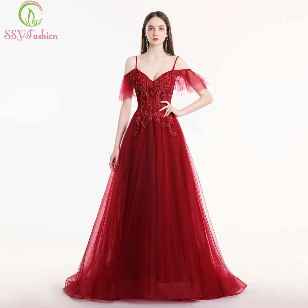 Billige SSYFashion Neue Luxus Abendkleid Robe De Soiree Bankett Schatz Burgund Spitze Perlen Sweep Zug Lange Formale Abendkleid