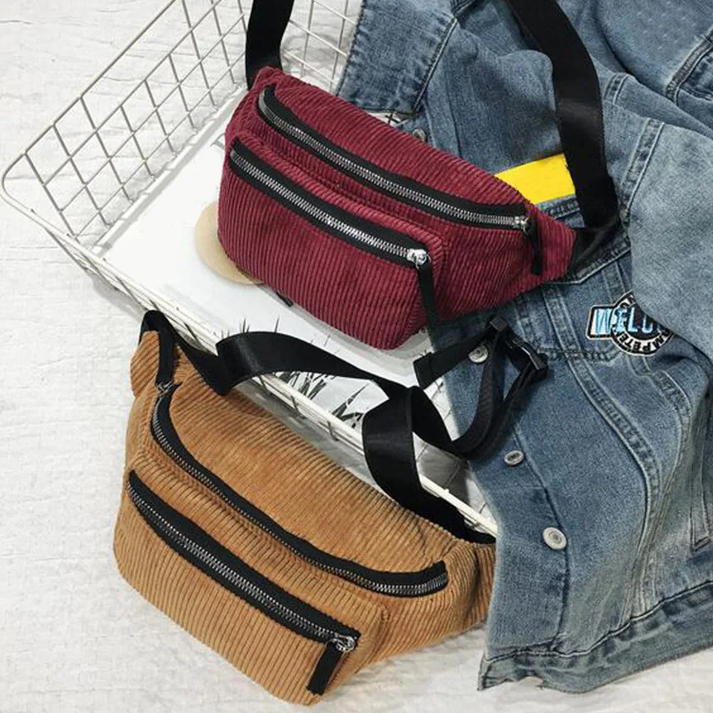 

New Canvas Waist Bag Unisex Zipper Chest Bag Fanny Pack Girl Boy Waist Belt Bag Corduroy Phone Waist Pack Velvet Sport Travel