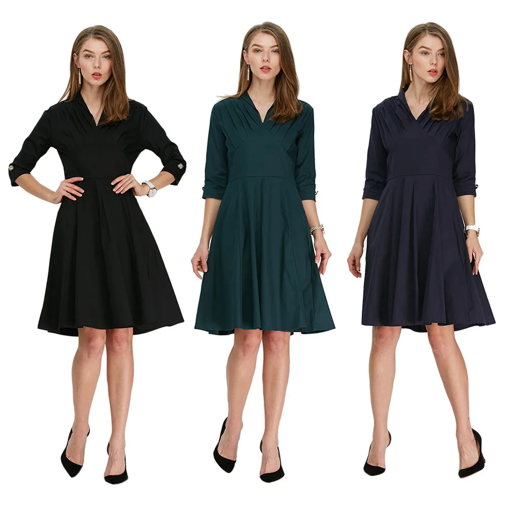 A-Line Summer Midi Dress Elegant Plain Fit And Flare Women Modern Office Lady Work Evening Party Shirt Dresses On Sale | Женская одежда