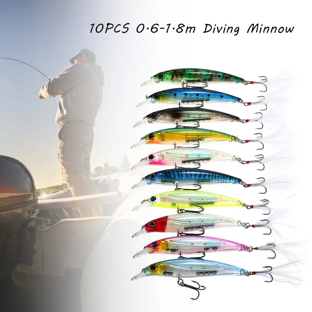

Lixada Fishing Lures 10PCS Diving Minnow 13.6g 110mm Isca Artificial Bait with #4 Feather Hooks Fishing Lure Set Fishing Gear