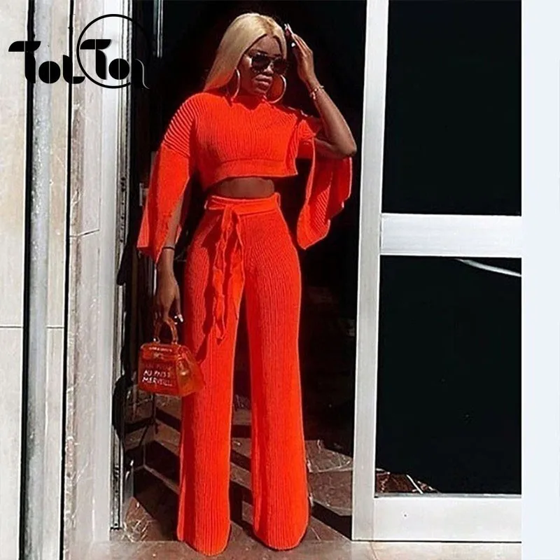 

Orange Knitted Women Sweater Suits Split Long Sleeve Sweaters And Wide Leg Pants Warm Autumn Sexy 2 Piece Suit Club Outfits