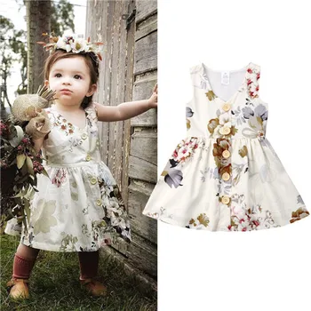 

6M-5Y Toddler Kids Baby Girls Dress Summer Button Princess Sleeveless Floral V-neck Party Dresses Sundress Baby Clothe Outfits