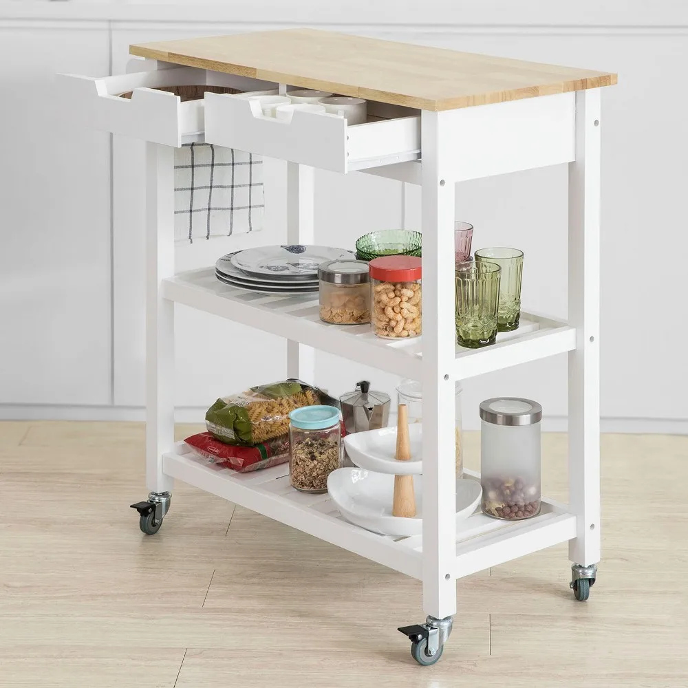  SoBuy FKW68-WN Kitchen Storage Serving Trolley Shelf with Rubber Wood Top 2 Drawers 2 Shelves - 32959753065