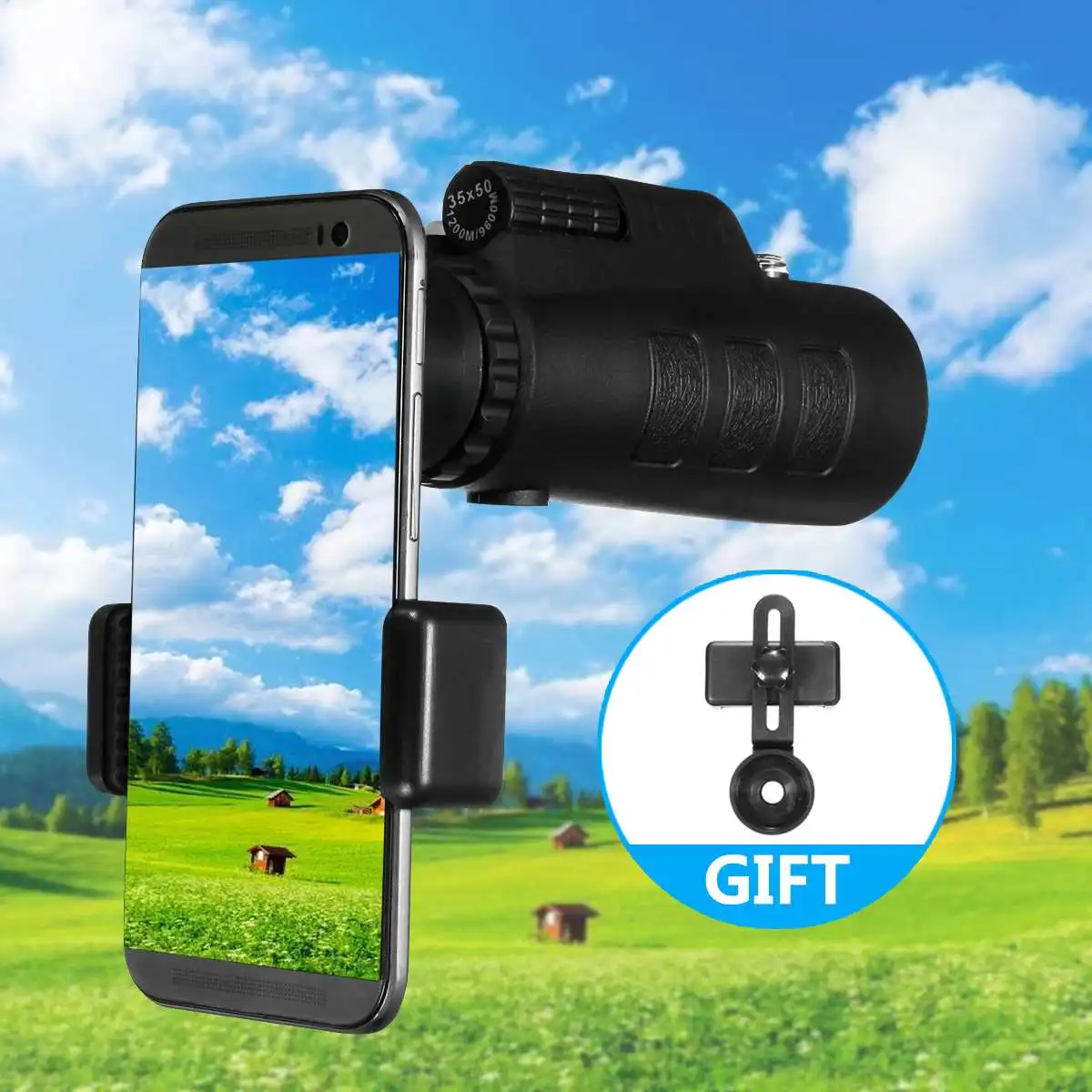 

35x50 HD Optical Monocular Telescope Zoom Scope for Mobile Phone Camera Camping Hiking Fishing + Phone Holder