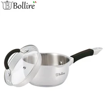 Ковш BOLLIRE с крышкой 16 см из термостойкого стекла, 1,4 литра, оснащён ободком из нержавеющей стали для удобного слива жидкости