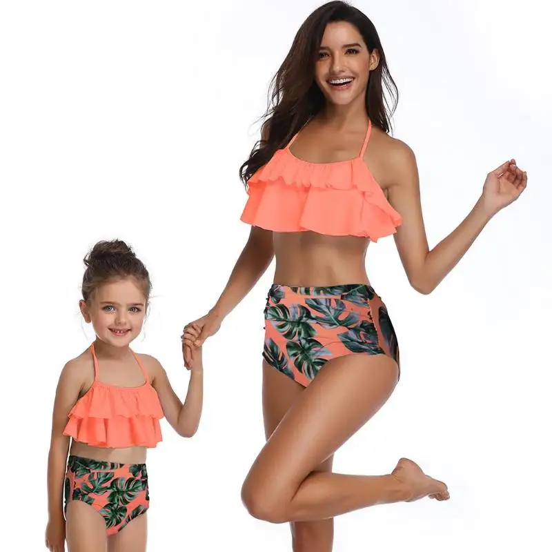 Mommy/&Me Striped Print Swimsuit Halter Tops Ruffle Bottom Bikini Sets Family Matching Swimwear Bathing Suit